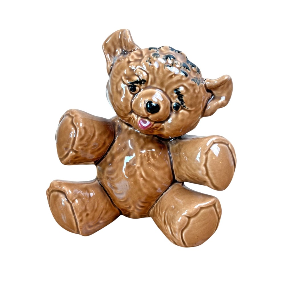 Vintage Ceramic Teddy Bear Planter Brown Glazed Mid-Century Vase Nursery Decor